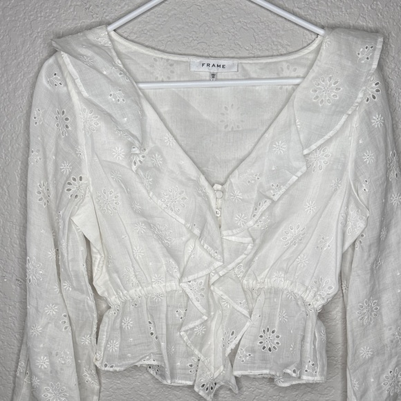 NEW Frame Ruffle-Front Eyelet Top White Raime Cotton Size XS Feminine Western - Picture 2 of 8